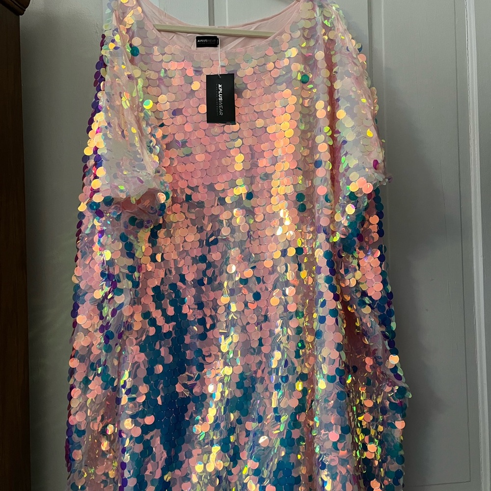 Ariella Pink Iridescent Sequin Mesh Dress